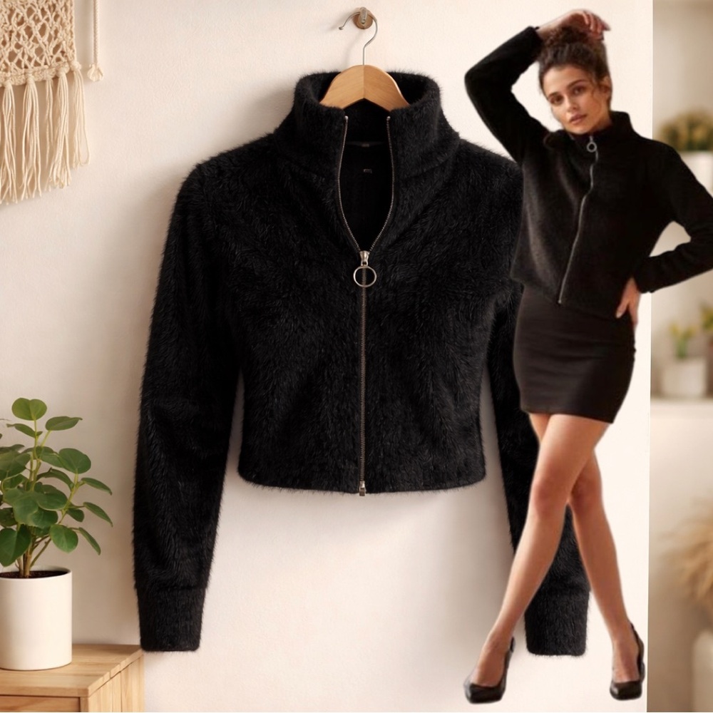 🛍️ IRIS Black faux Fur Long Sleeve Faux Wool cardigan Sweater Top Size Small